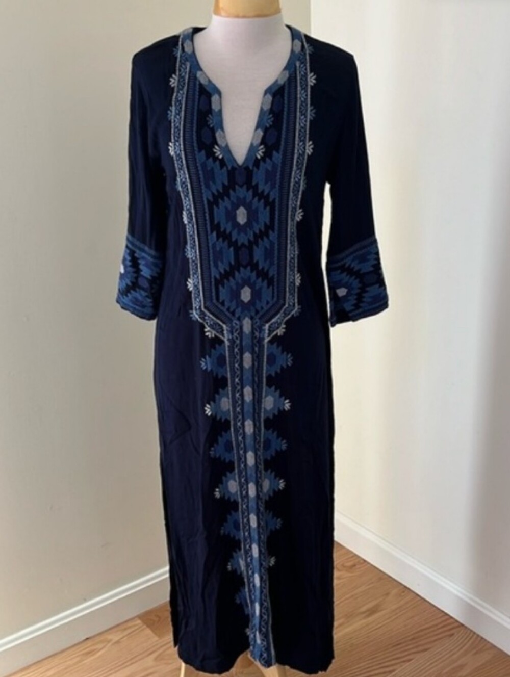 Johnny Was Navy Maxi Dress with Blue Geometric Embroidery Size Medium